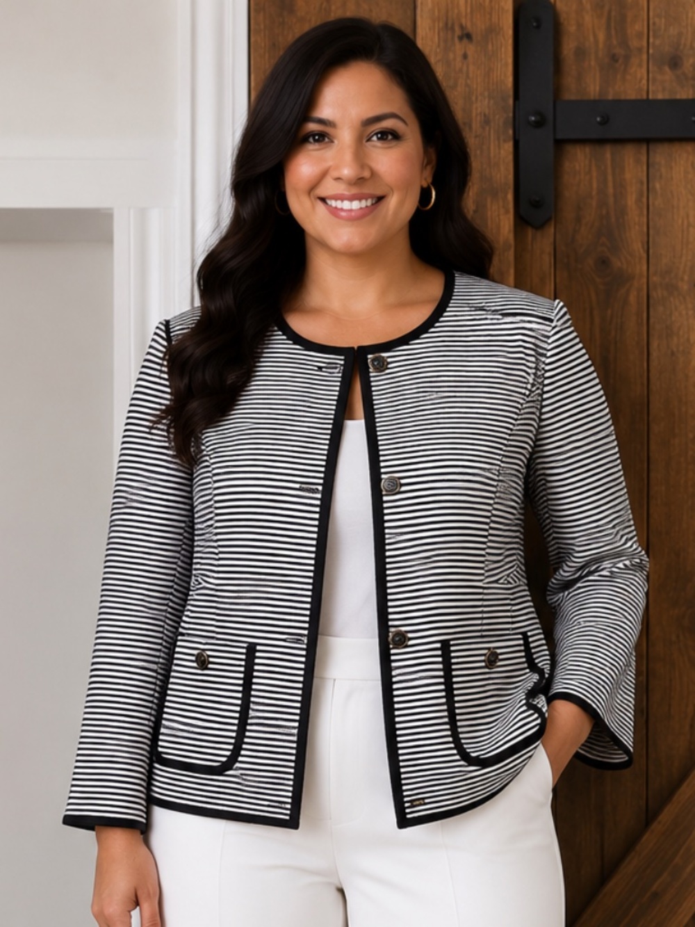 Talbots Women's Jacket | Size 16W | Black & Ivory Striped Textured Blazer